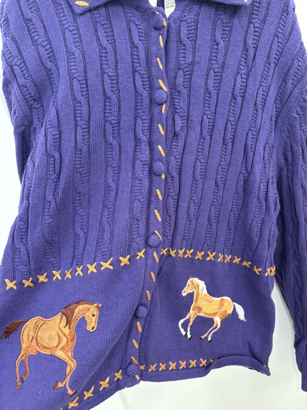 Vintage 90s Rod's Western Purple Cotton Cable Knit Equestrian Cardigan Sz Medium - Picture 3 of 13